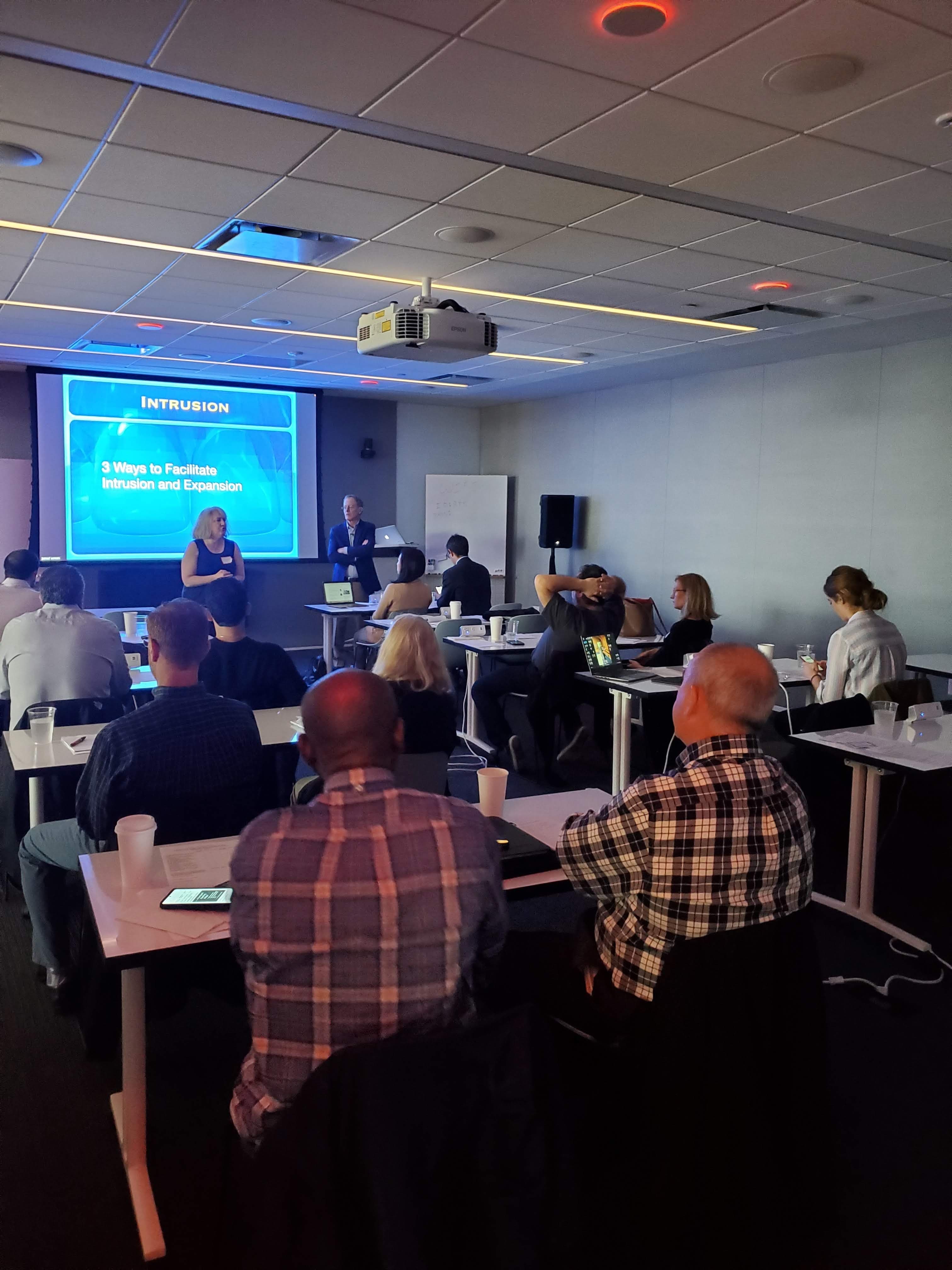 Presenters leading a corporate training workshop with projection